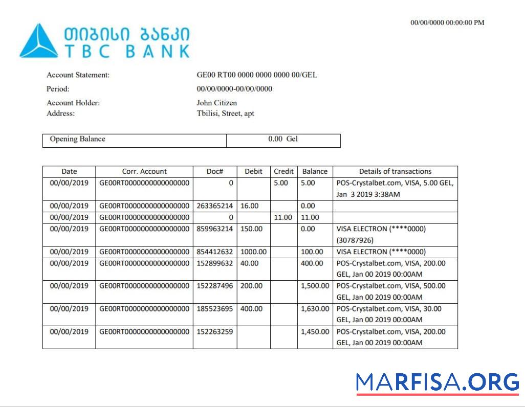 Realistic Georgia TBC bank proof of address statement template in Word and PDF format